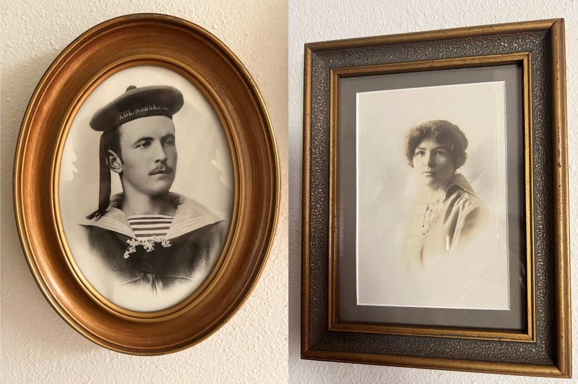 Framed black and white portraits from a previous generation/